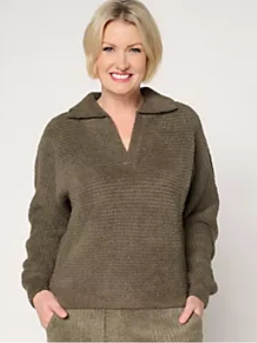 Barefoot Dreams CozyChic Dolman Rib Collared Pullover In Khaki Green Medium